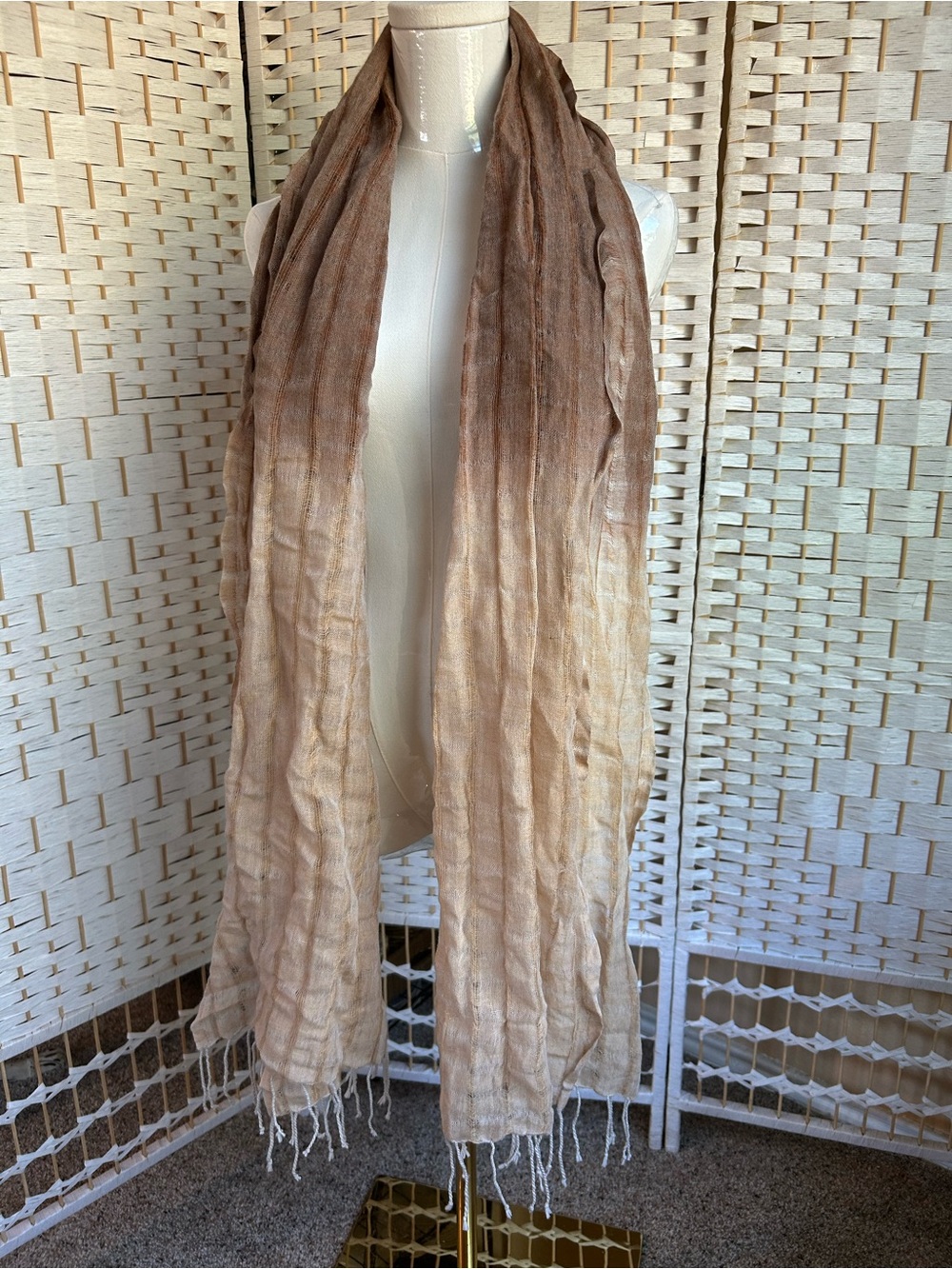 EILEEN FISHER Brown Beige Ombre Crinkle Scarf Lightweight Fringed Shawl Wrap 74”